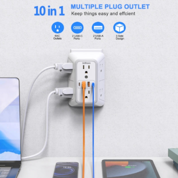 Multi-Functional Power Strip - 6 AC Outlets + 4 USB Ports Wall Socket