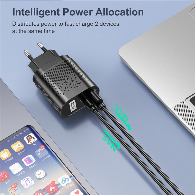 65W GaN Dual-Port Fast Charger - USB-C PD & USB-A Wall Adapter