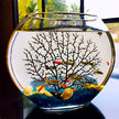 Desktop Mini Oval Glass Fish Tank - Flat Design with Blue Sand & Decor