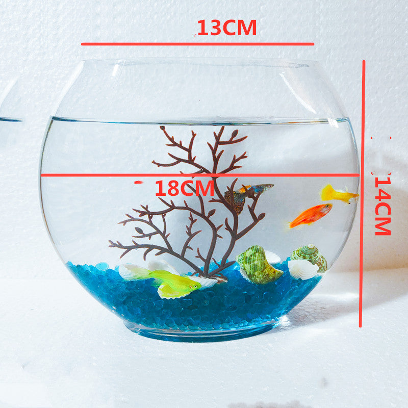 Desktop Mini Oval Glass Fish Tank - Flat Design with Blue Sand & Decor