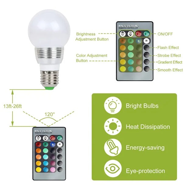 RGB LED Color Changing Bulb E27 - 16 Colors with Remote Control | Dimmable 3W Mood Light