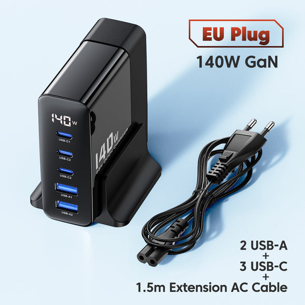 140W GaN Digital Display Fast Charger - 3C2A Multi-Port Station