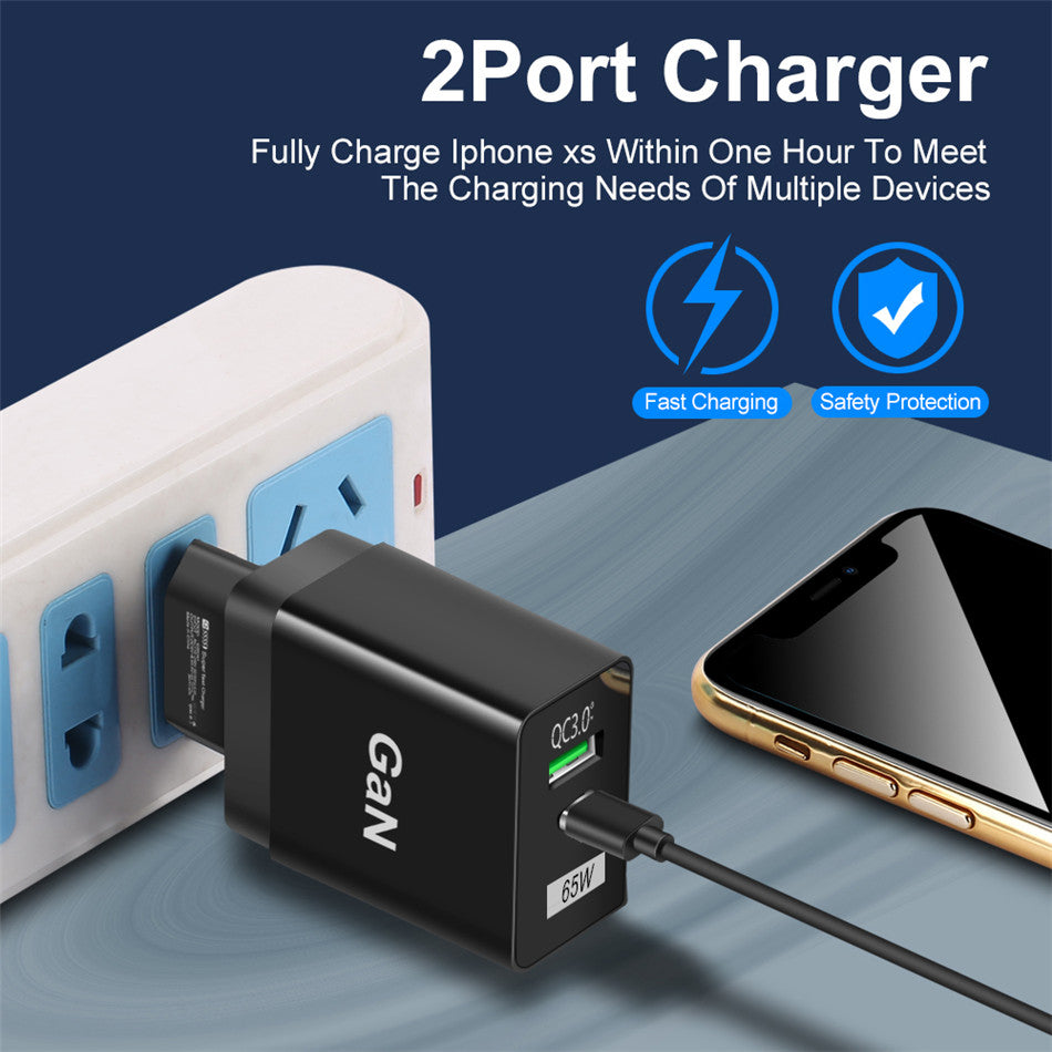 65W GaN Dual-Port Fast Charger - PD 33W + QC 33W Wall Adapter