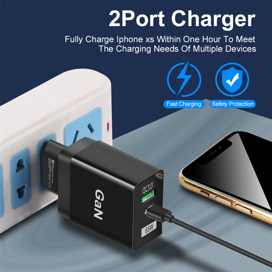 65W GaN Dual-Port Fast Charger - PD 33W + QC 33W Wall Adapter