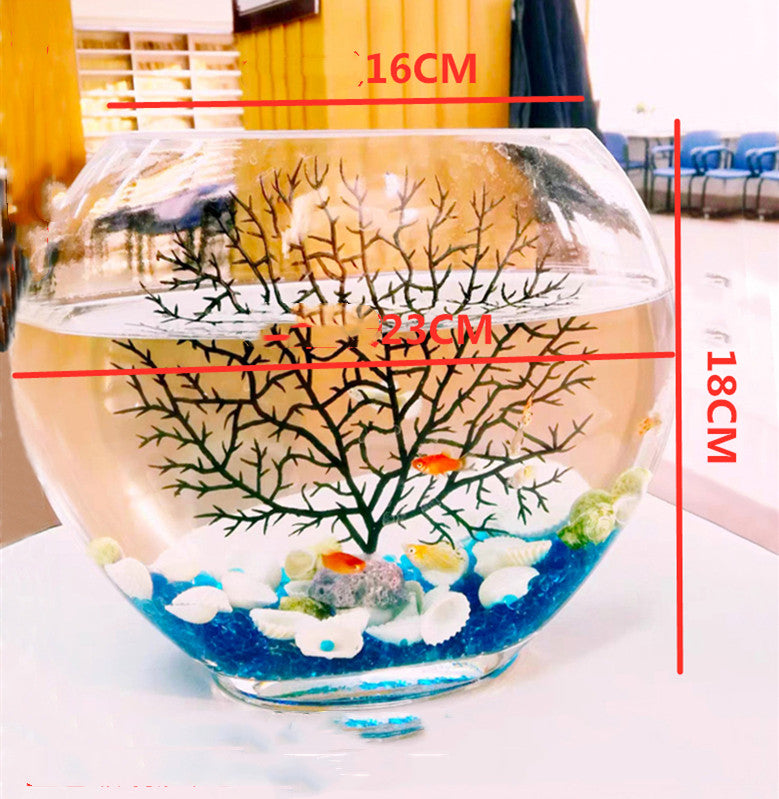 Desktop Mini Oval Glass Fish Tank - Flat Design with Blue Sand & Decor