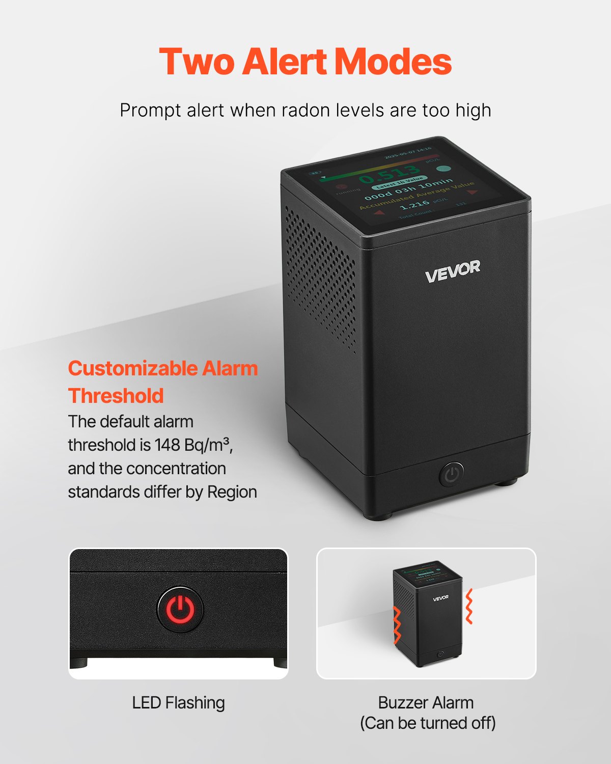 Home Radon Detector - Rechargeable Radon Gas Meter with Color LCD Display | 2-20kBq/m³