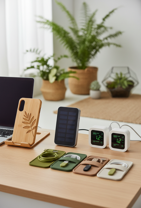 generate a photo size 1920x2832px, must be related to Eco-Tech & Sustainability, some of these products must be visible Solar-powered power banks, smart outlets (for monitoring energy drain), reusable silicone tech organizers, and bamboo-cased gadgets.