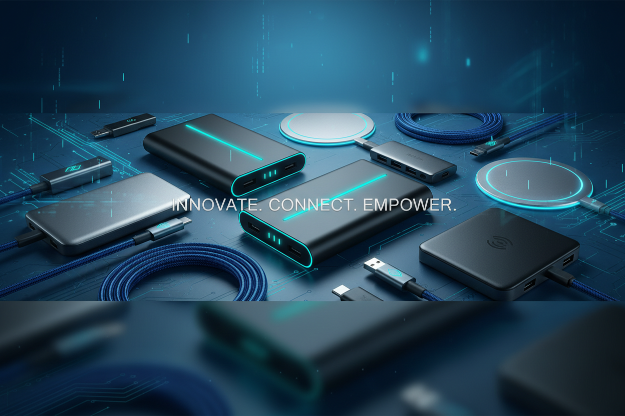 generate image related to portable power and connectivity category. size must be 3840x1280px