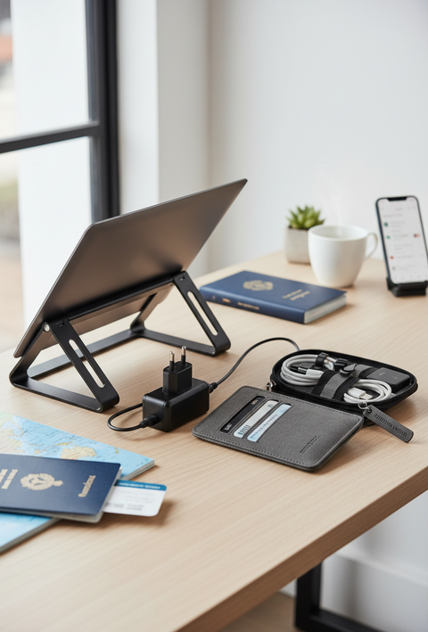 size must be 1920x2832px, must be related to The Hybrid Nomad. some of these products must be visible, Universal travel adapters, foldable laptop stands, RFID-blocking tech wallets, and compact cable management kits