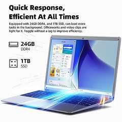 SGIN Laptop 24GB RAM 1TB SSD 15.6 Inch Windows 11 Intel Celeron Quad-Core Full HD 1080P Mini HDMI 2.4/5.0G WiFi Webcam Bluetooth 4.2 Grey