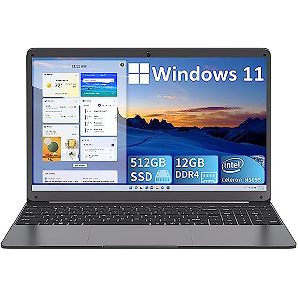 SGIN 15.6 Inch Laptop 12GB RAM 512GB SSD Windows 11 Intel Celeron Quad-Core FHD 1080P Display 2.4/5.0G WiFi BT4.2 Type-C 53WH Battery