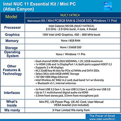 Intel Nuc 11 NUC11ATKC4 Atlas Canyon Mini pc,Intel Celeron N5105, 2.0 GHz - 2.9 GHz Burst, 4 core, 4 Thread, 15W Intel UHD Graphics, 450 – 800 MHz Burst, 8GB RAM, 256GB SSD, Windows 11 Pro