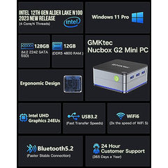 GMKtec Nucbox G2 Mini PC Windows 11 Pro Intel N100 (Up to 3.4GHz) 4C/4T, Mini Desktop Computer Dual LAN 1000Mbps 12GB DDR5 128GB PCle SSD, Micro PC 4K, Triple Display, WiFi6, BT5.2, Energy Efficient